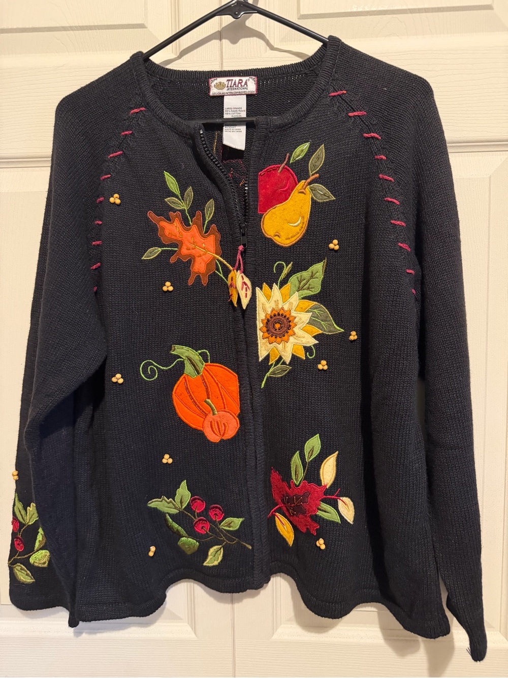 Tiara Black Cardigan with Autumn Appliqué Pumpkins Sunflower Pears